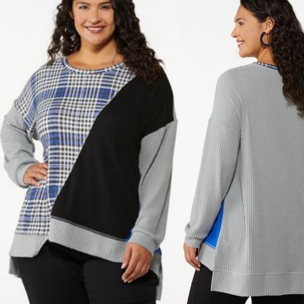 NWT PLUS SIZE THERMAL TUNIC IN PLAID/COLORBLOCK.